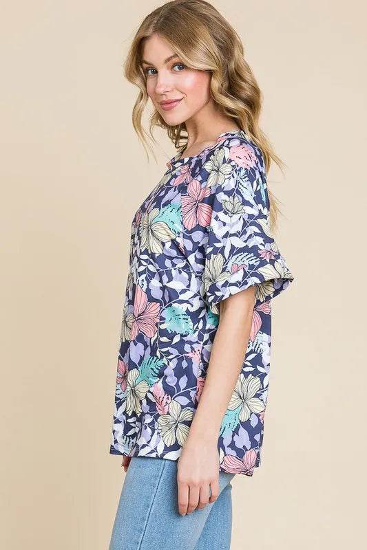 BOMBOM Floral Round Neck Short Sleeve T-Shirt - Velveta Studio