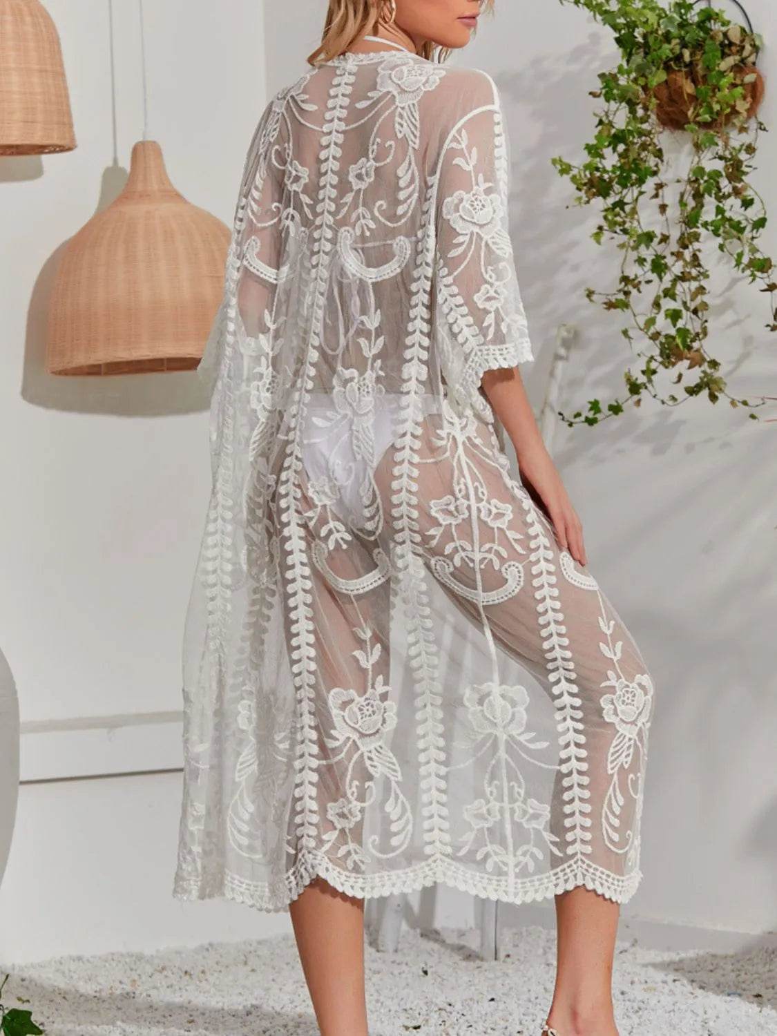 Lace Detail Open Front Longline Cover-Up - Velveta Studio
