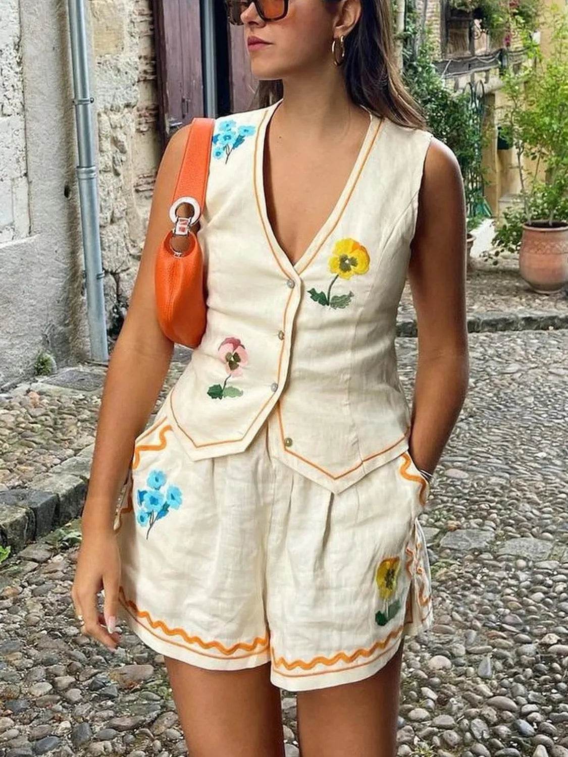 Embroidered V-Neck Vest and Shorts Set - Velveta Studio