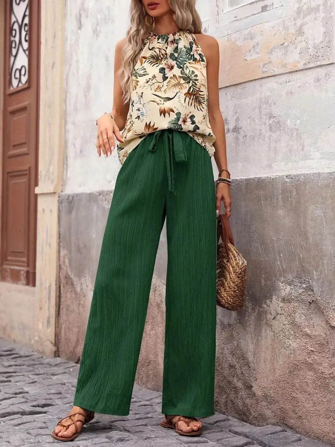 Printed Tank Top and Wide Leg Pants Set - Velveta Studio