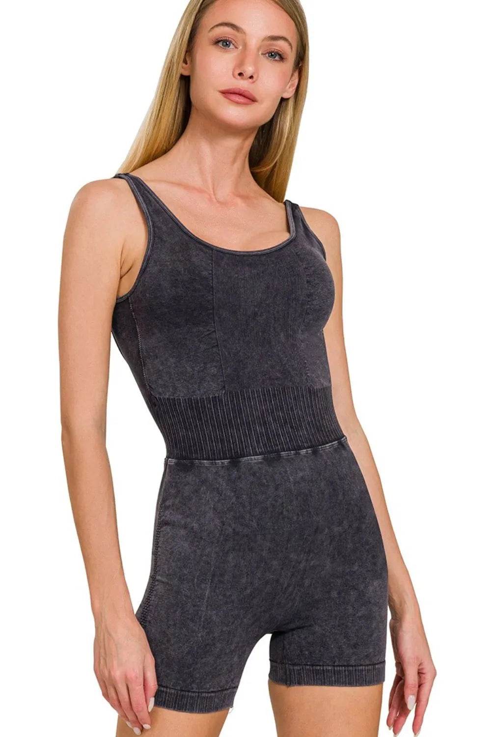 Zenana Washed Sports Romper With Removable Bra Pad - Velveta Studio
