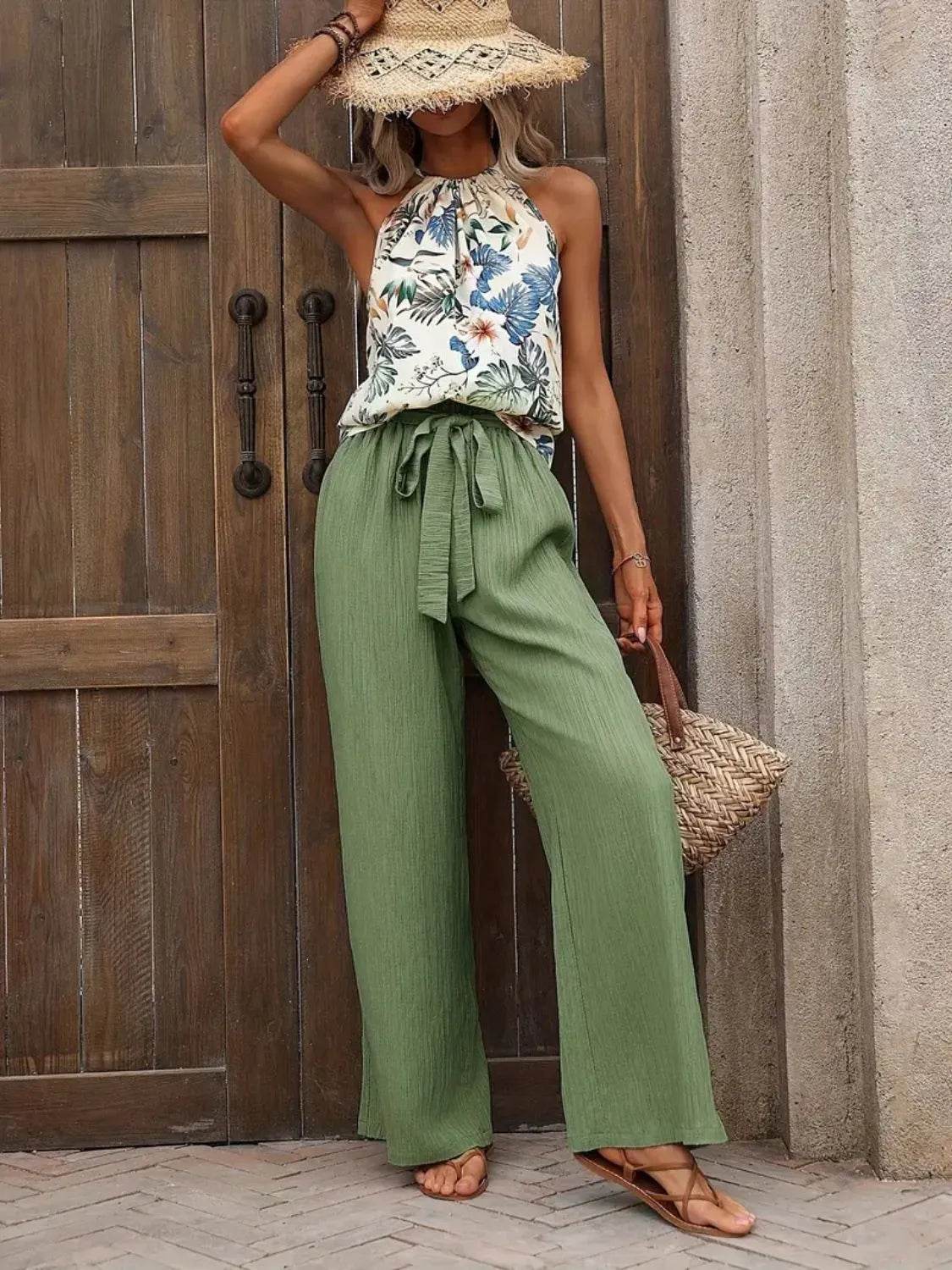 Printed Tank Top and Wide Leg Pants Set - Velveta Studio