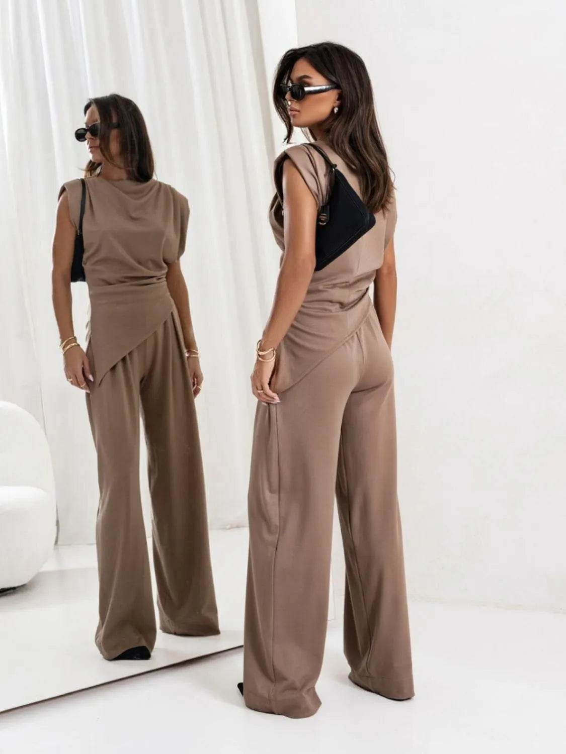 Slit Ruched Top and Wide Leg Pants Set - Velveta Studio