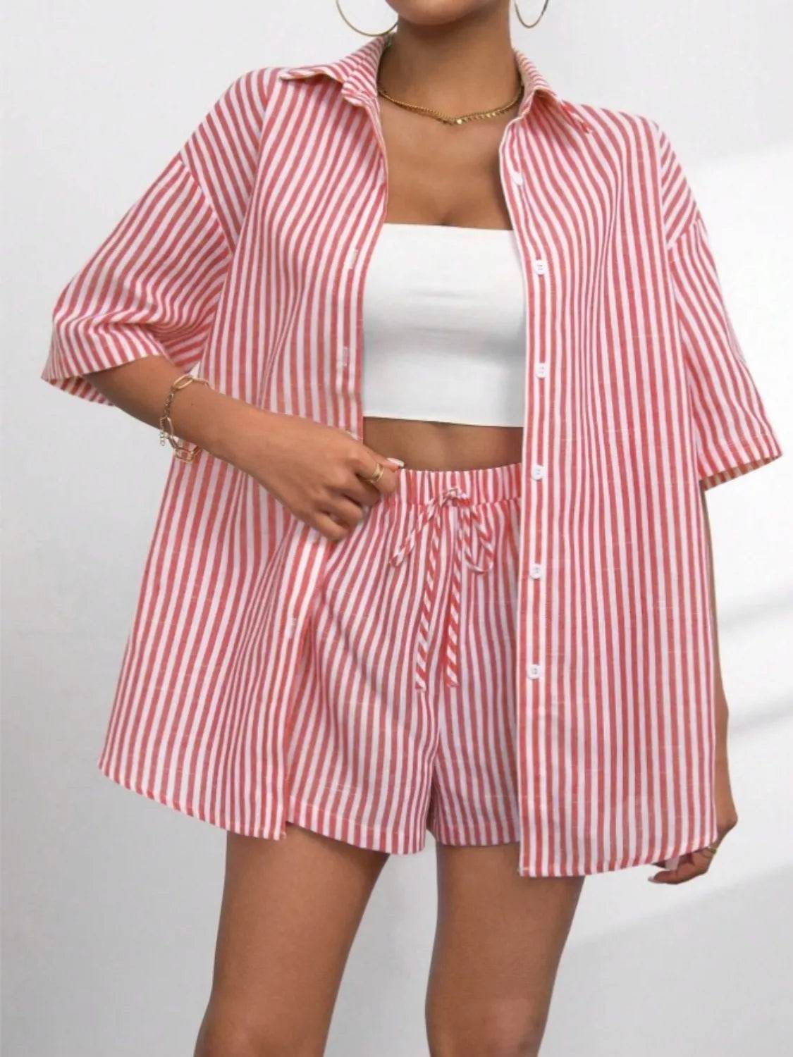 Striped Button Up Shirt and Shorts Set - Velveta Studio