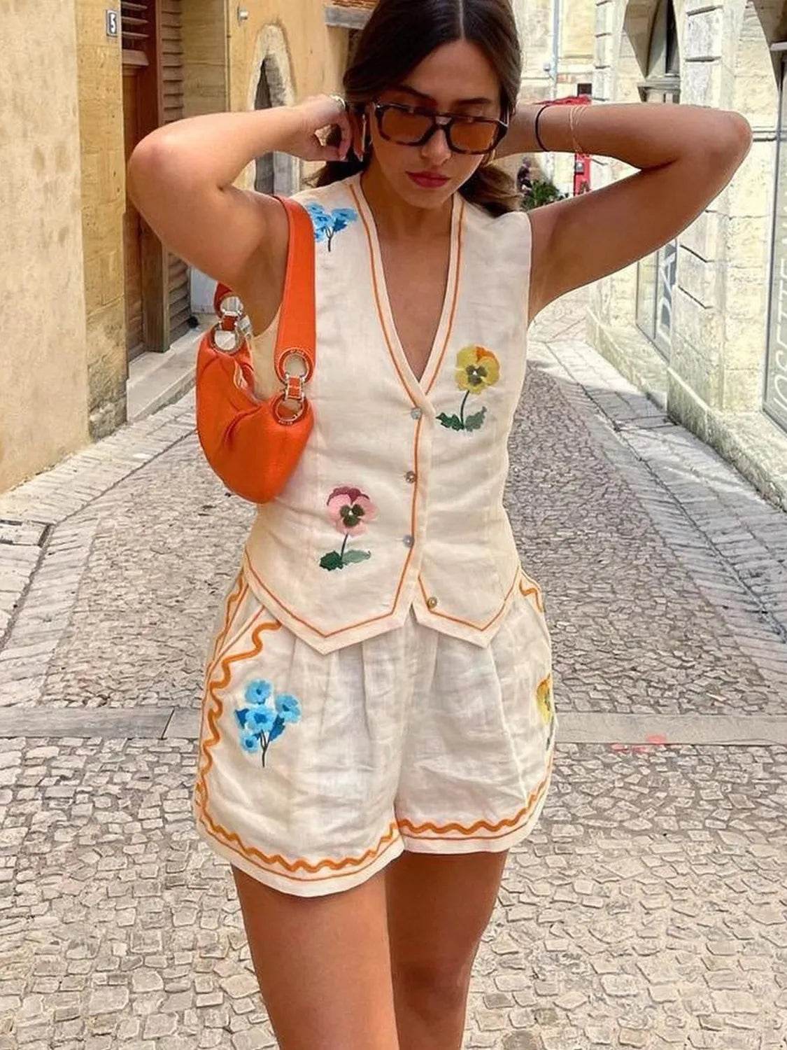 Embroidered V-Neck Vest and Shorts Set - Velveta Studio