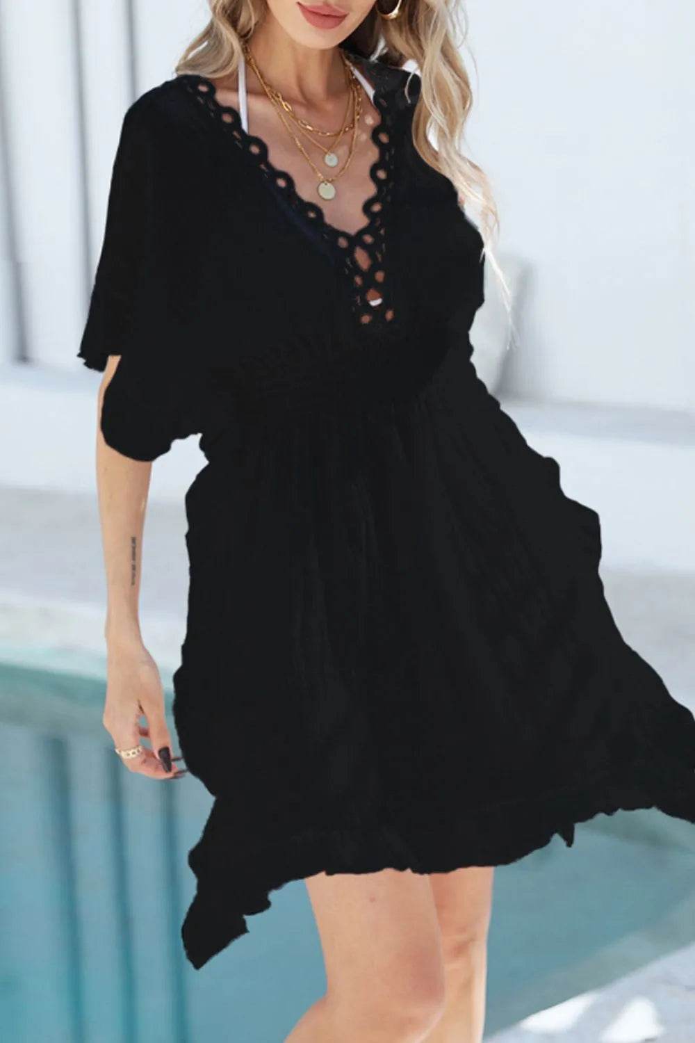 Ruffled Smocked Waist V-Neck Cover-Up - Velveta Studio