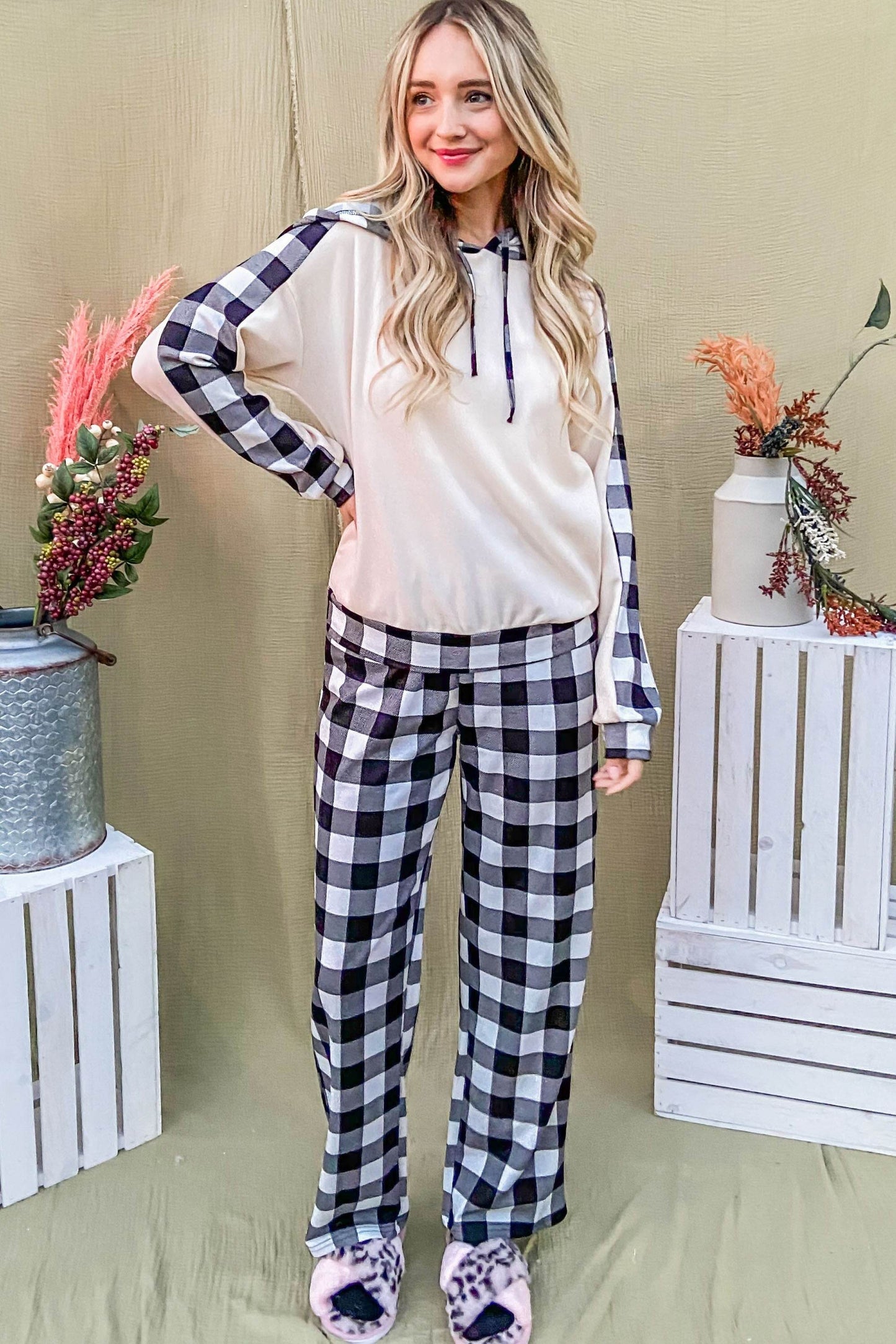 And The Why Drawstring Hooded Top and Plaid Pants Lounge Set - Velveta Studio