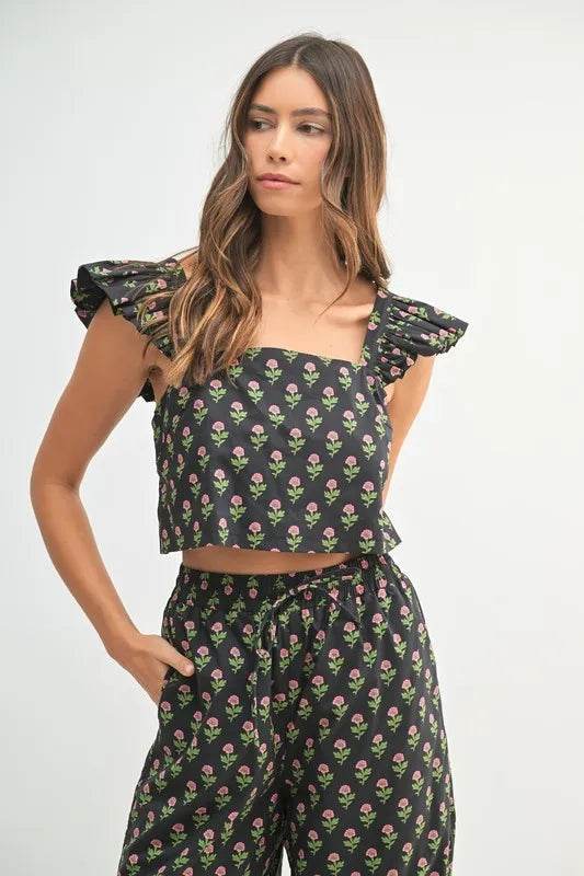 MABLE Floral Print Ruffle Top and Pants Set - Velveta Studio