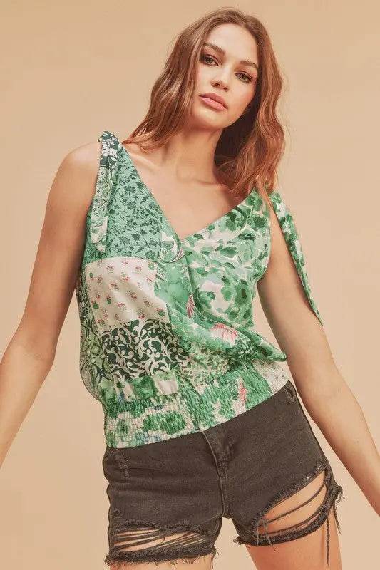 Aemi + Co Smocked Hem Printed Surplice Tank - Velveta Studio