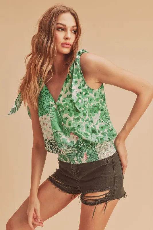 Aemi + Co Smocked Hem Printed Surplice Tank - Velveta Studio