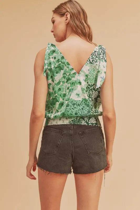 Aemi + Co Smocked Hem Printed Surplice Tank - Velveta Studio