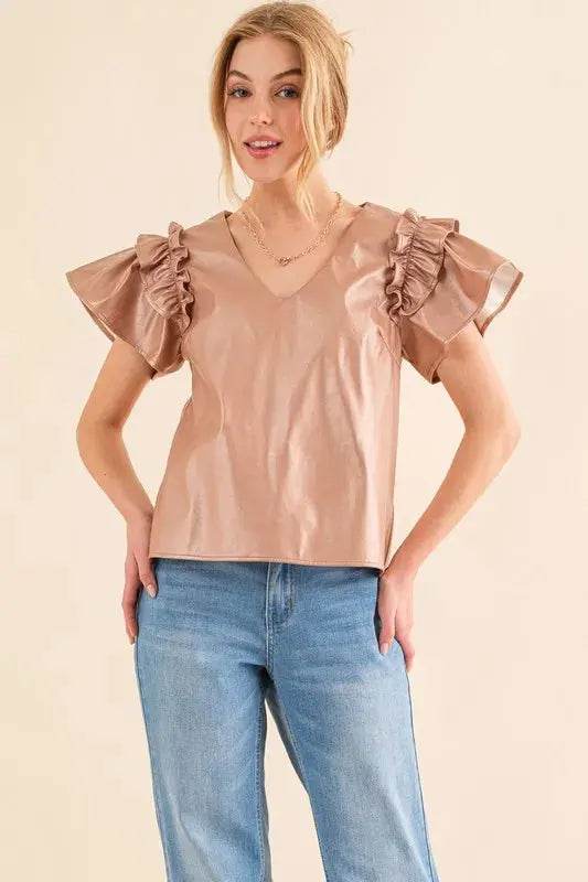 And The Why Faux Leather Ruffle Sleeves V Neck Top - Velveta Studio