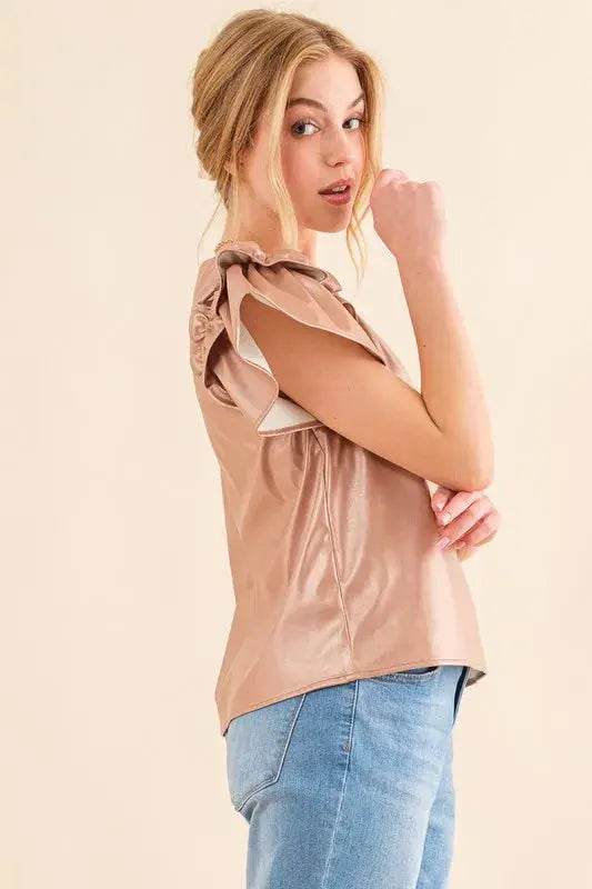 And The Why Faux Leather Ruffle Sleeves V Neck Top - Velveta Studio