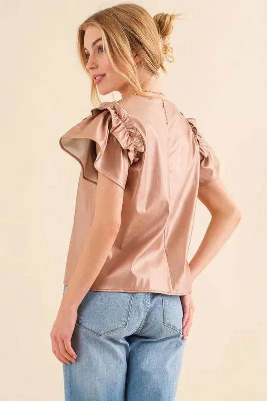 And The Why Faux Leather Ruffle Sleeves V Neck Top - Velveta Studio