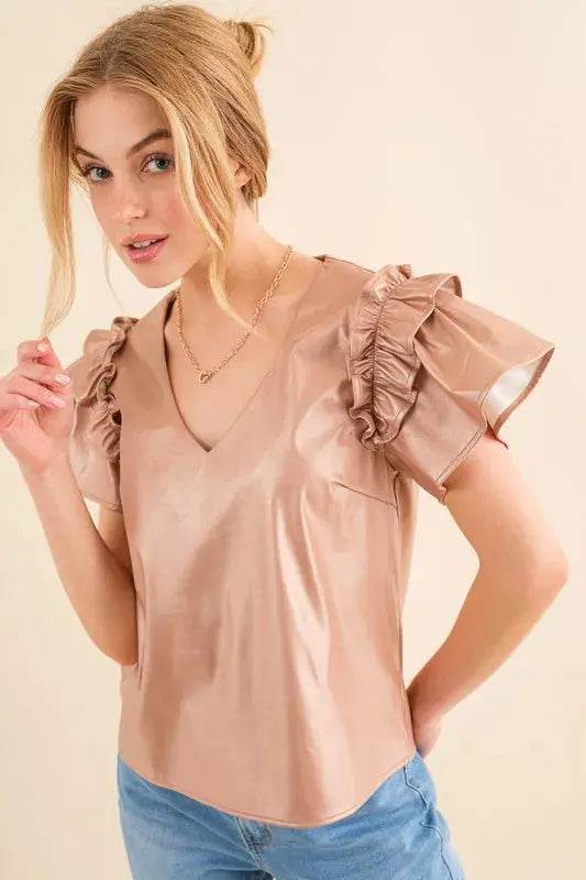 And The Why Faux Leather Ruffle Sleeves V Neck Top - Velveta Studio