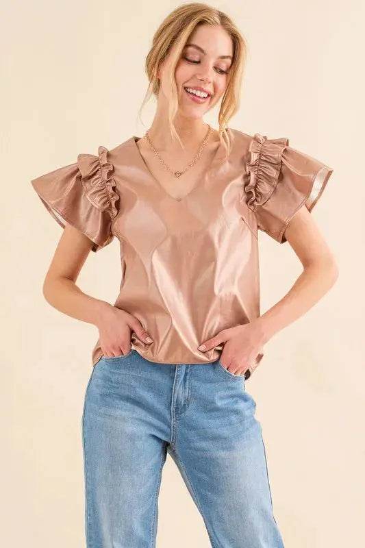 And The Why Faux Leather Ruffle Sleeves V Neck Top - Velveta Studio