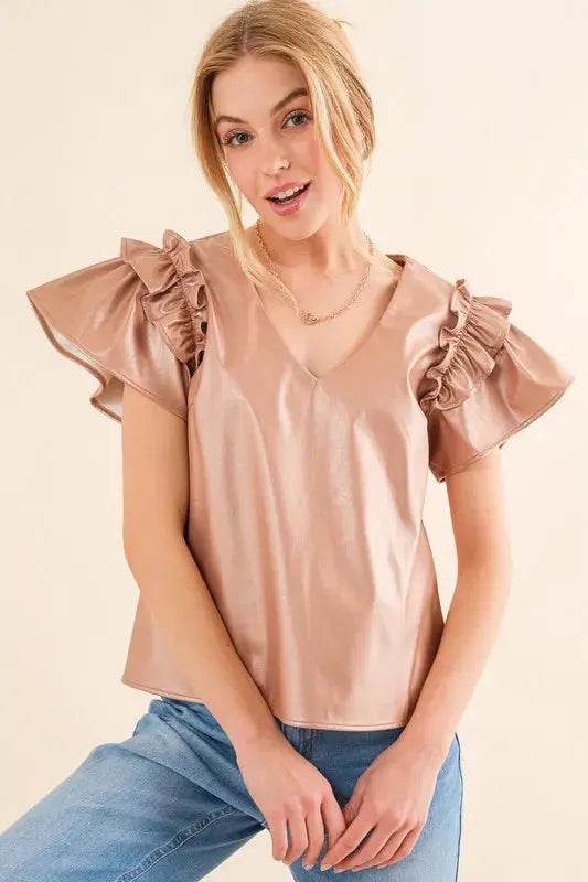 And The Why Faux Leather Ruffle Sleeves V Neck Top - Velveta Studio