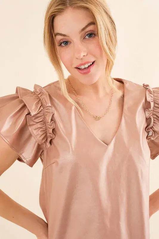 And The Why Faux Leather Ruffle Sleeves V Neck Top - Velveta Studio