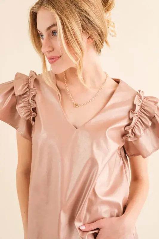 And The Why Faux Leather Ruffle Sleeves V Neck Top - Velveta Studio