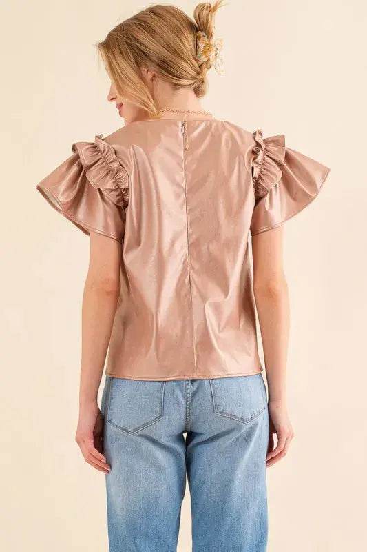 And The Why Faux Leather Ruffle Sleeves V Neck Top - Velveta Studio