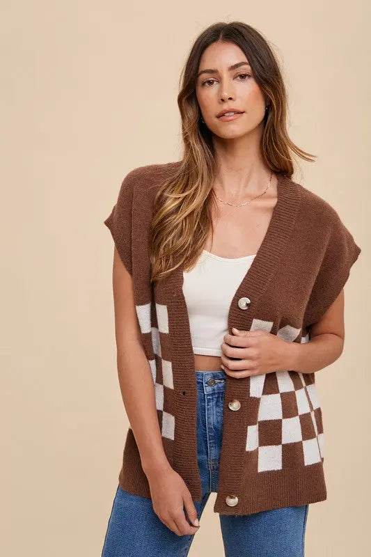 Annie Wear Checkered Button Down Short Sleeve Cardigan - Velveta Studio