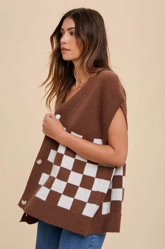 Annie Wear Checkered Button Down Short Sleeve Cardigan - Velveta Studio