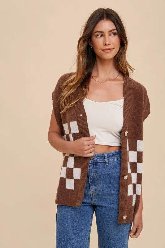 Annie Wear Checkered Button Down Short Sleeve Cardigan - Velveta Studio