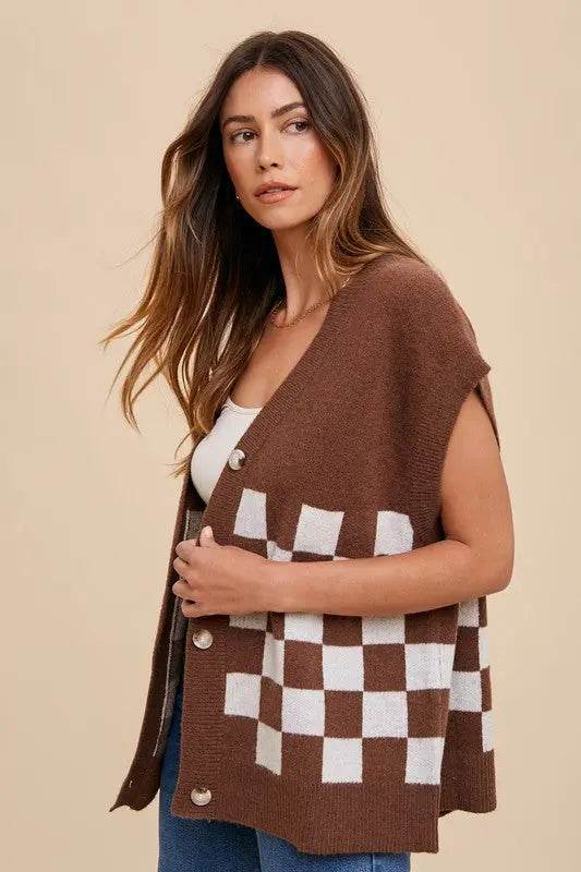 Annie Wear Checkered Button Down Short Sleeve Cardigan - Velveta Studio