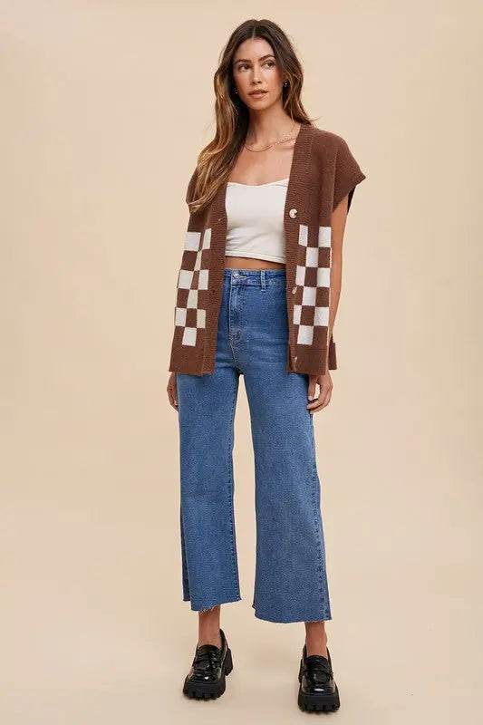 Annie Wear Checkered Button Down Short Sleeve Cardigan - Velveta Studio