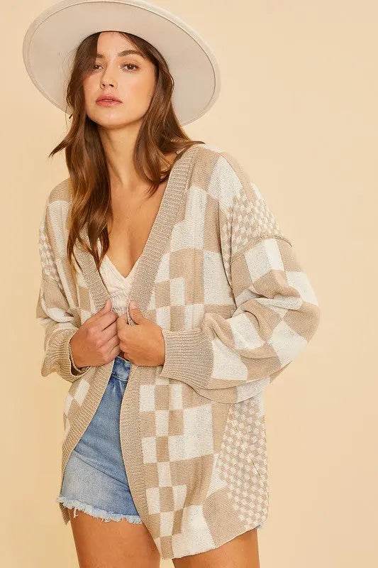 Annie Wear Checkered Open Front Drop Shoulder Cardigan - Velveta Studio