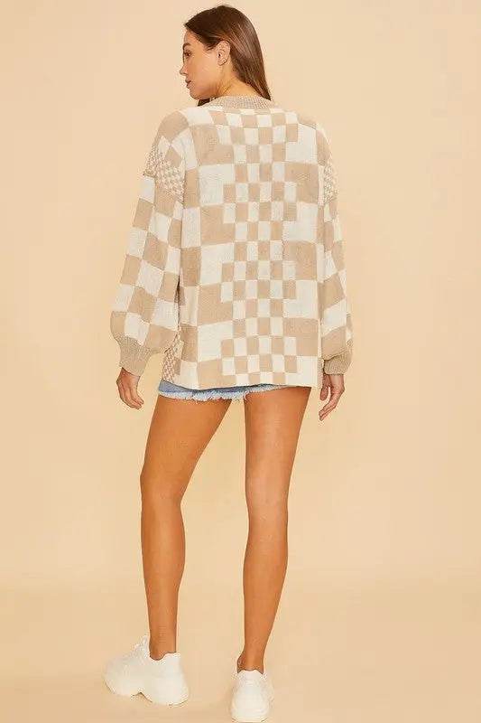 Annie Wear Checkered Open Front Drop Shoulder Cardigan - Velveta Studio