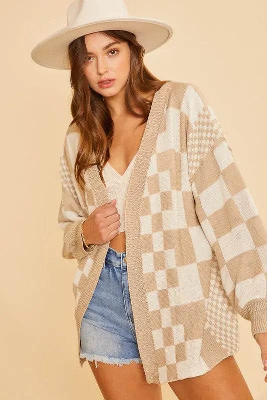 Annie Wear Checkered Open Front Drop Shoulder Cardigan - Velveta Studio