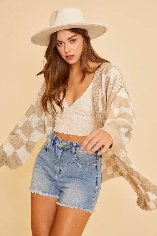 Annie Wear Checkered Open Front Drop Shoulder Cardigan - Velveta Studio