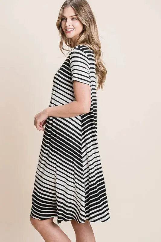 BOMBOM Casual Stripe Round Neck Tee Dress - Velveta Studio