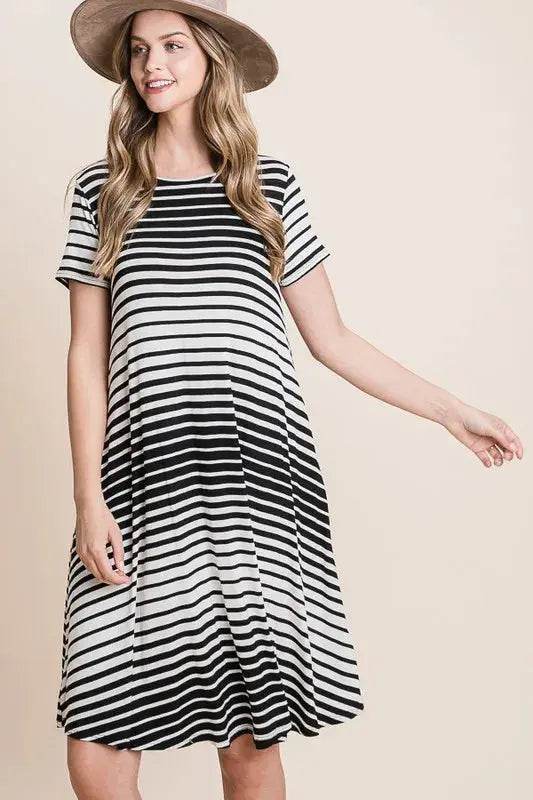 BOMBOM Casual Stripe Round Neck Tee Dress - Velveta Studio