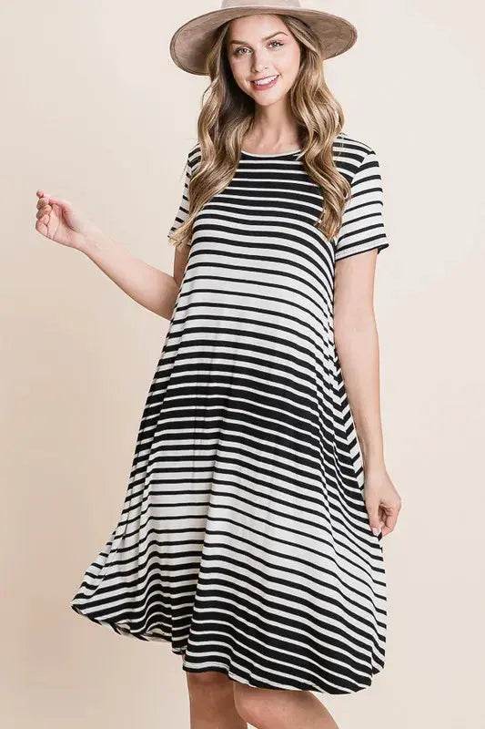 BOMBOM Casual Stripe Round Neck Tee Dress - Velveta Studio