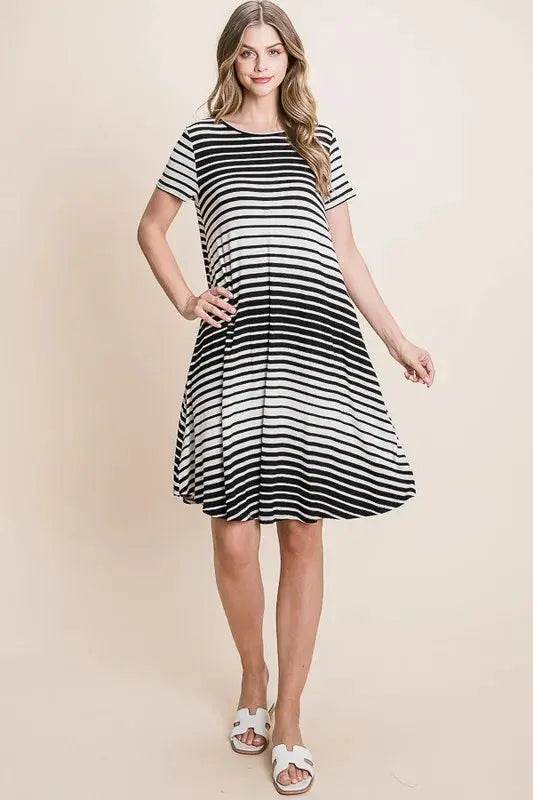 BOMBOM Casual Stripe Round Neck Tee Dress - Velveta Studio