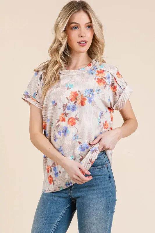 BOMBOM Floral Round Neck RIbbed T-Shirt - Velveta Studio