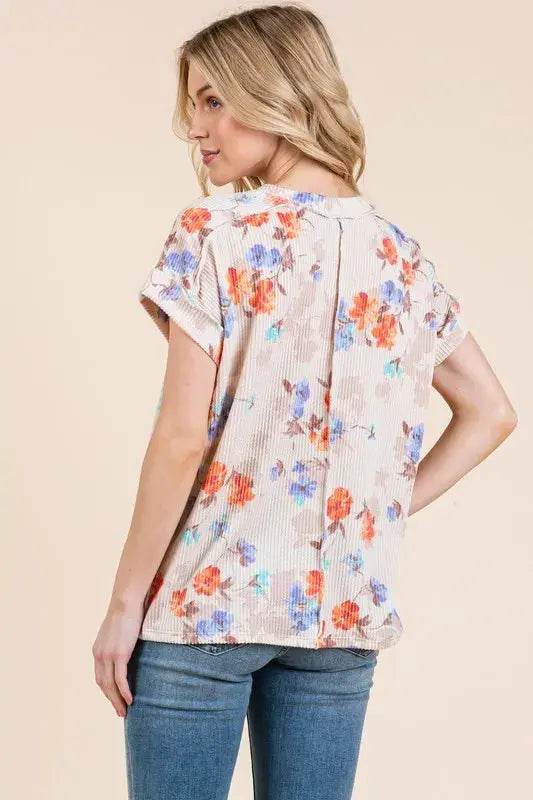 BOMBOM Floral Round Neck RIbbed T-Shirt - Velveta Studio