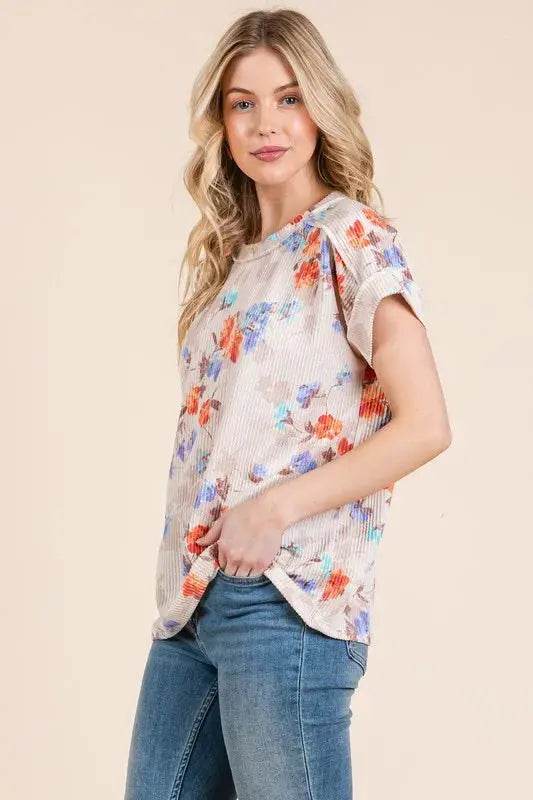 BOMBOM Floral Round Neck RIbbed T-Shirt - Velveta Studio