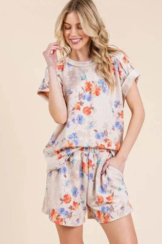 BOMBOM Floral Round Neck RIbbed T-Shirt - Velveta Studio