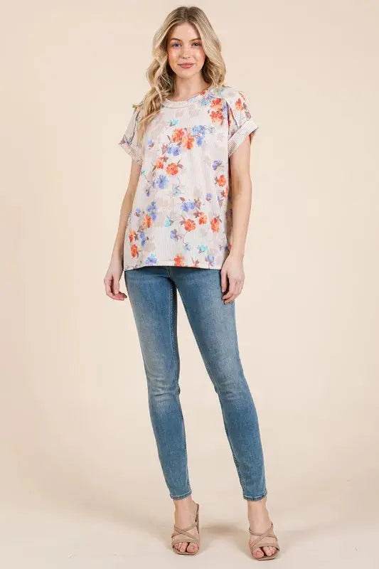 BOMBOM Floral Round Neck RIbbed T-Shirt - Velveta Studio