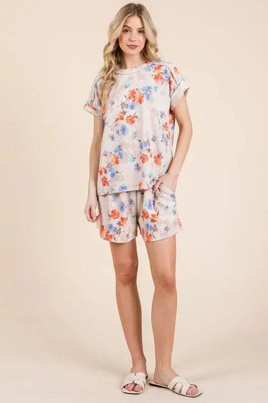 BOMBOM Floral Round Neck RIbbed T-Shirt - Velveta Studio