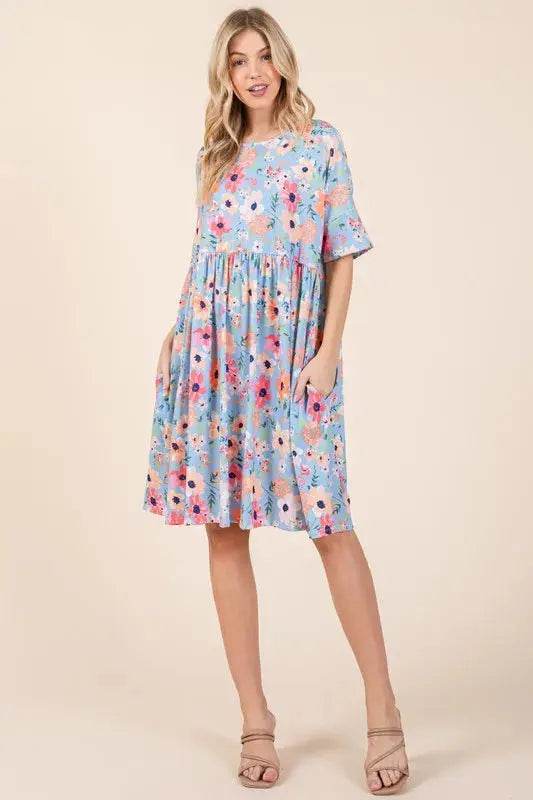 BOMBOM Floral Shirred Dress with Pockets - Velveta Studio