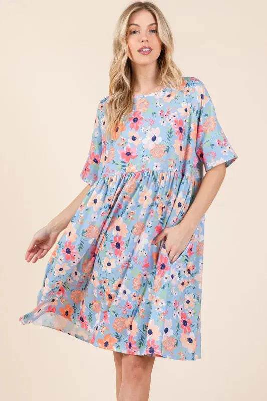 BOMBOM Floral Shirred Dress with Pockets - Velveta Studio