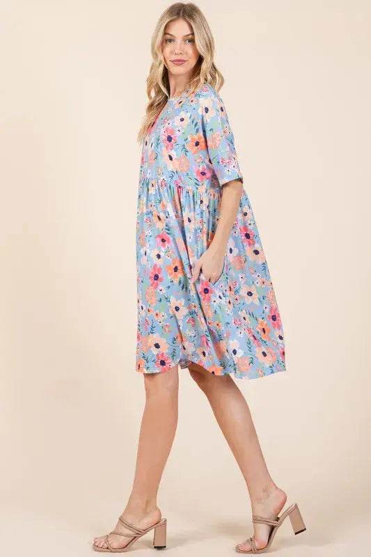 BOMBOM Floral Shirred Dress with Pockets - Velveta Studio