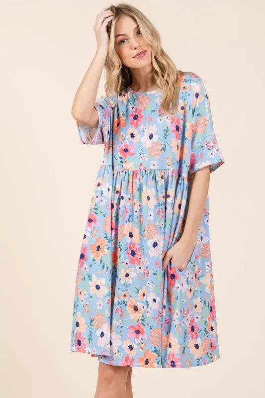 BOMBOM Floral Shirred Dress with Pockets - Velveta Studio
