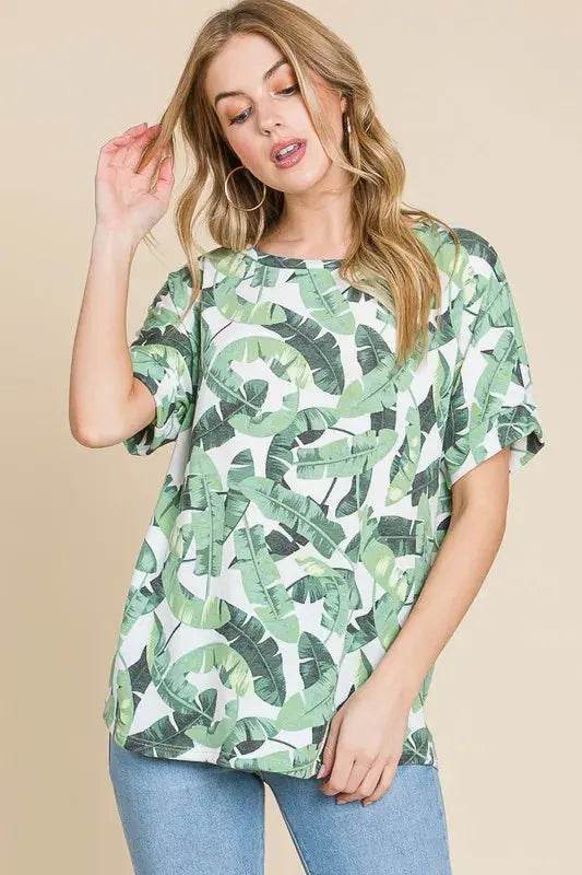 BOMBOM Lightweight Printed Round Neck Short Sleeve T-Shirt - Velveta Studio