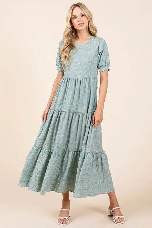 BOMBOM Textured Short Sleeve Tiered Dress - Velveta Studio