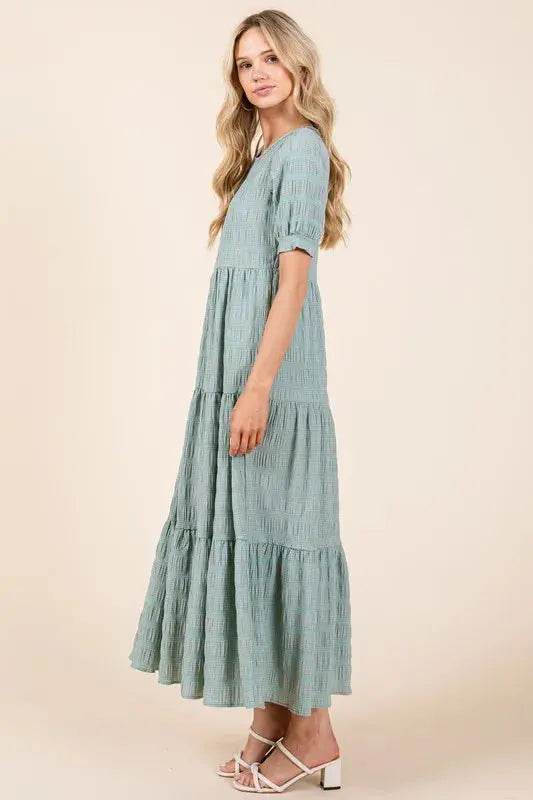 BOMBOM Textured Short Sleeve Tiered Dress - Velveta Studio